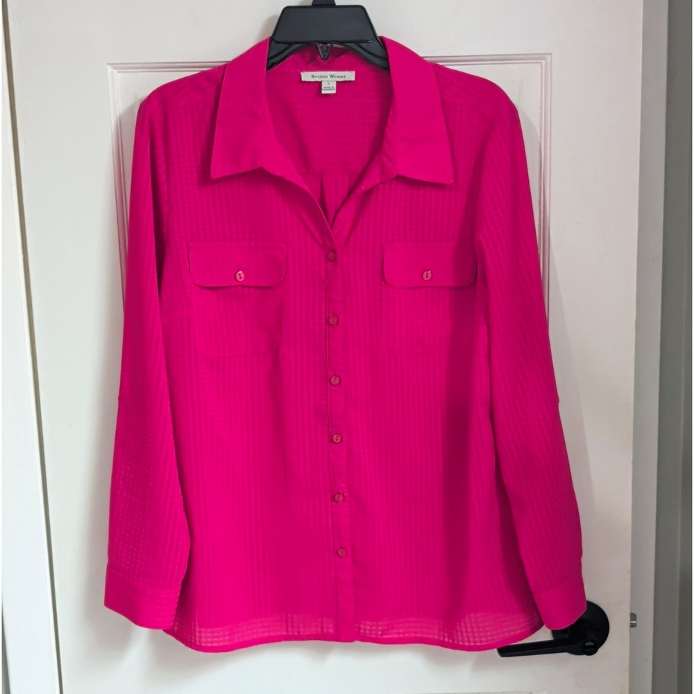 Studio Works Women's Collared Check Pink Long Sleeve Button-Up Shirt Size L